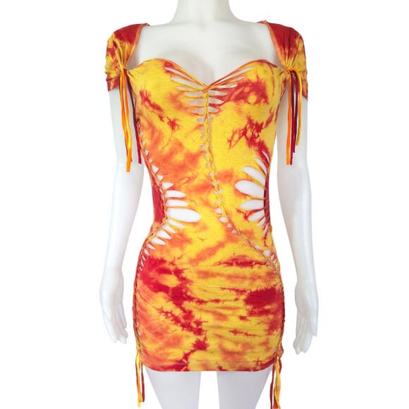 TEMPTRESS COLLECTION - LARGE - Solar Flare Tie-Dyed Dress - Radiant Red, Yellow - Picture 1 of 7